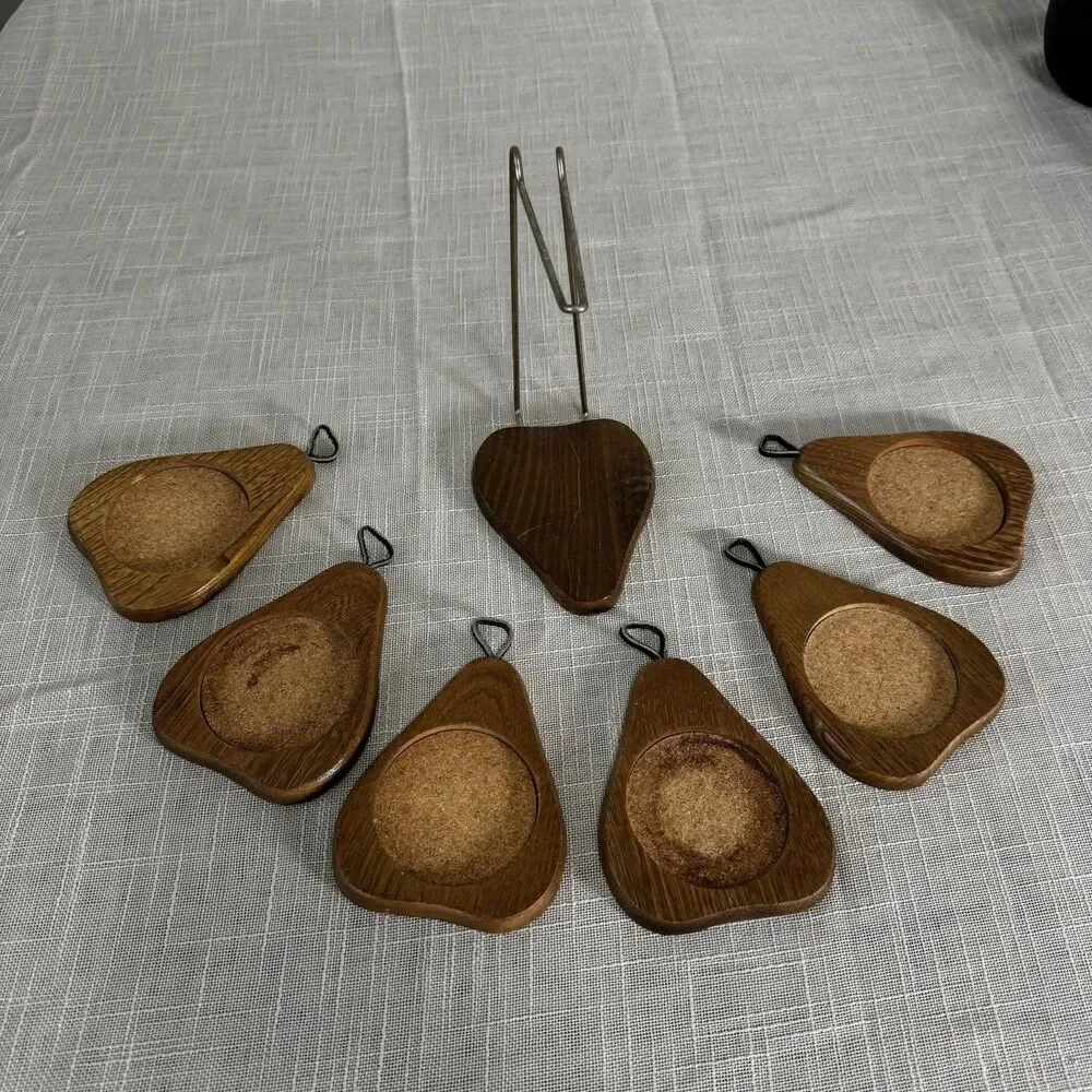 Vintage Wood Coasters Cork Center MCM Retro Pear Shaped Hanging Stand Set of 6
